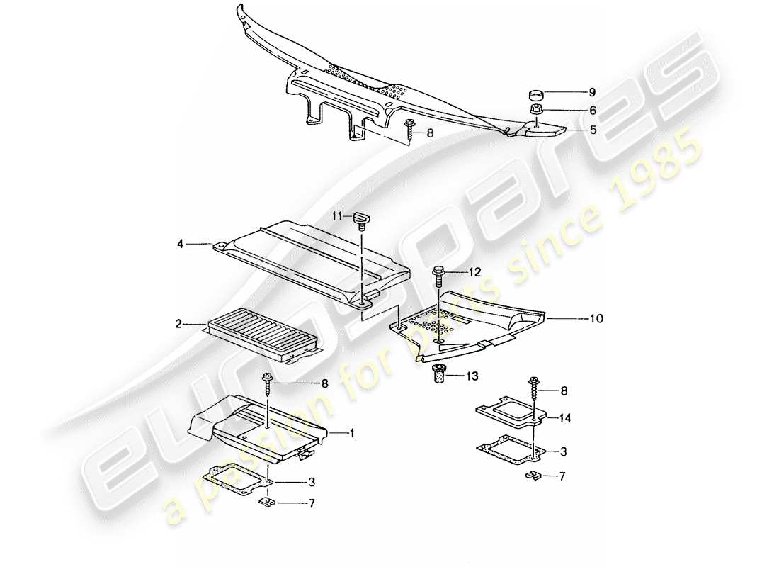 porsche boxster 986 (2004) dust and pollen filter element - covers - cowl part diagram