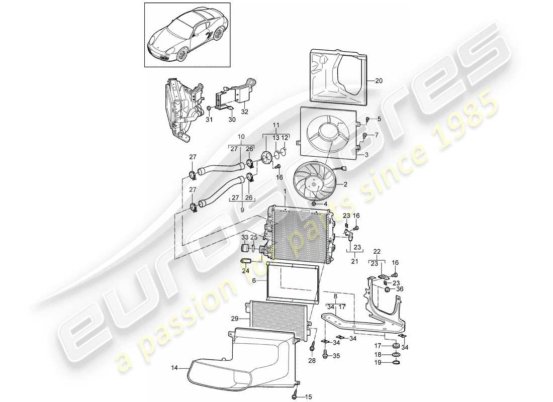 porsche cayman 987 (2010) water cooling 3 parts diagram