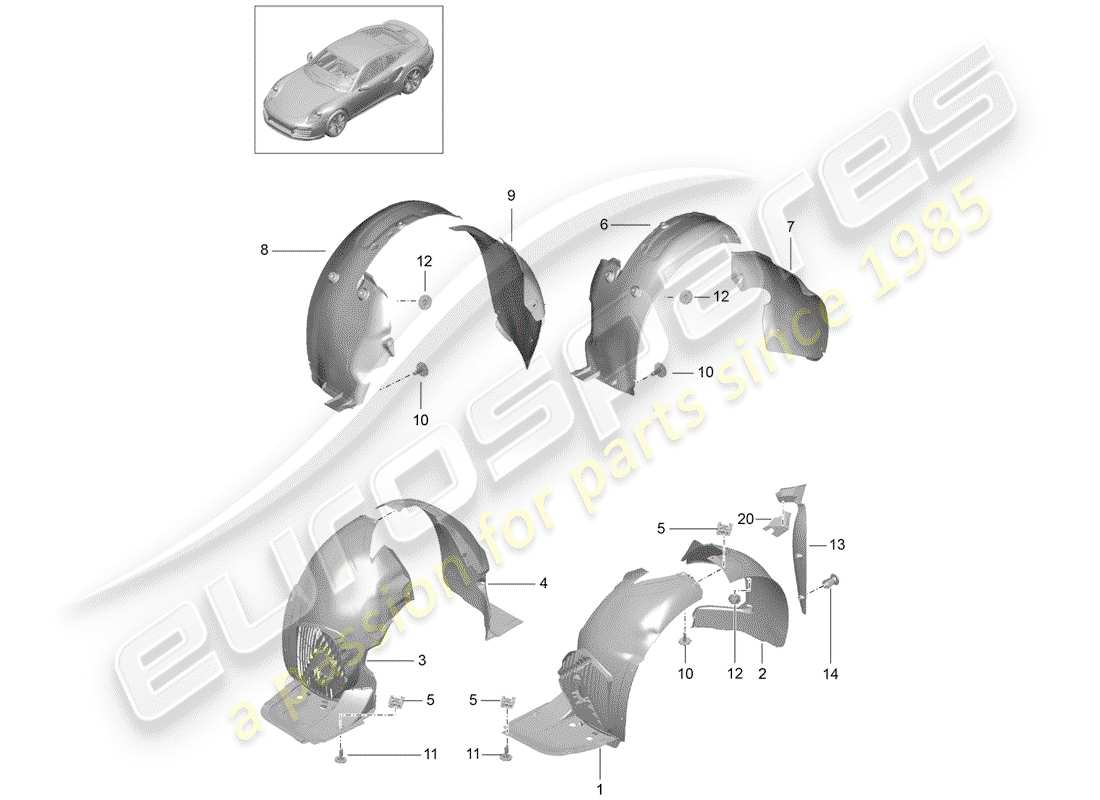 porsche 991 turbo (2015) wheelhouse protector parts diagram