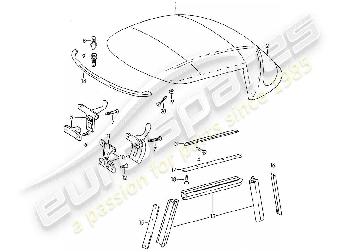 porsche 356b/356c (1960) convertible top - accessories part diagram