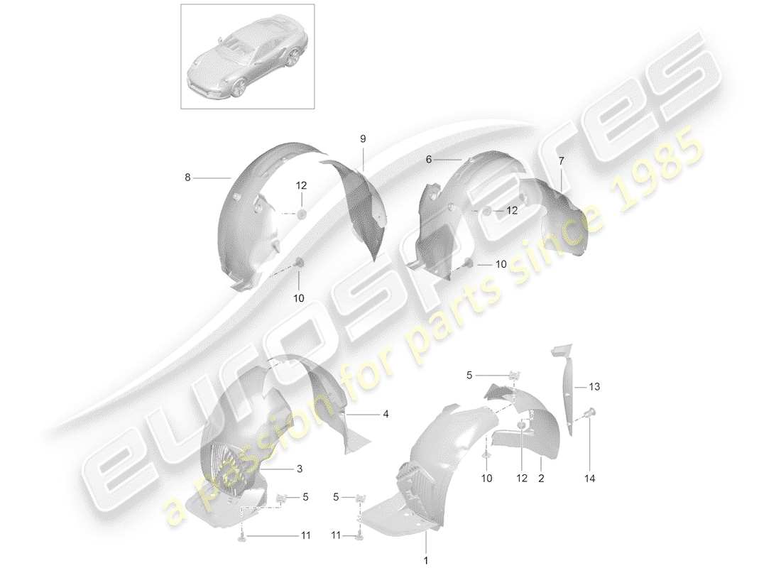 porsche 991 turbo (2019) wheelhouse protector part diagram