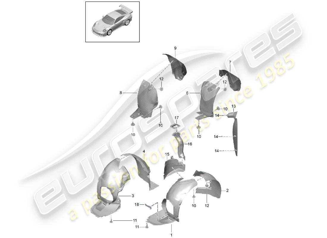 porsche 991 turbo (2016) wheelhouse protector parts diagram