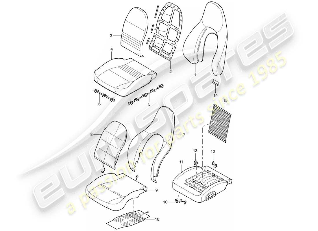 porsche 996 (2000) backrest covers - seat covers - foam part - standard seat - comfort seat part diagram