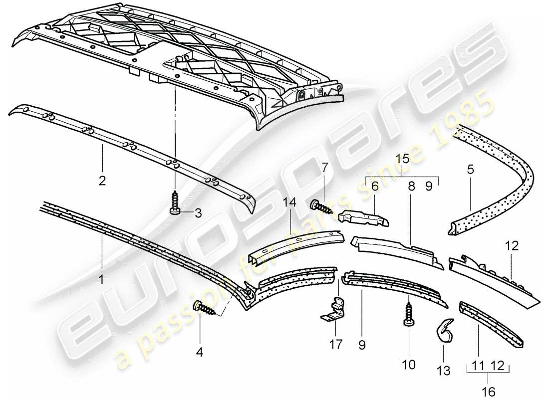 porsche 996 (2000) convertible top - seal strip part diagram