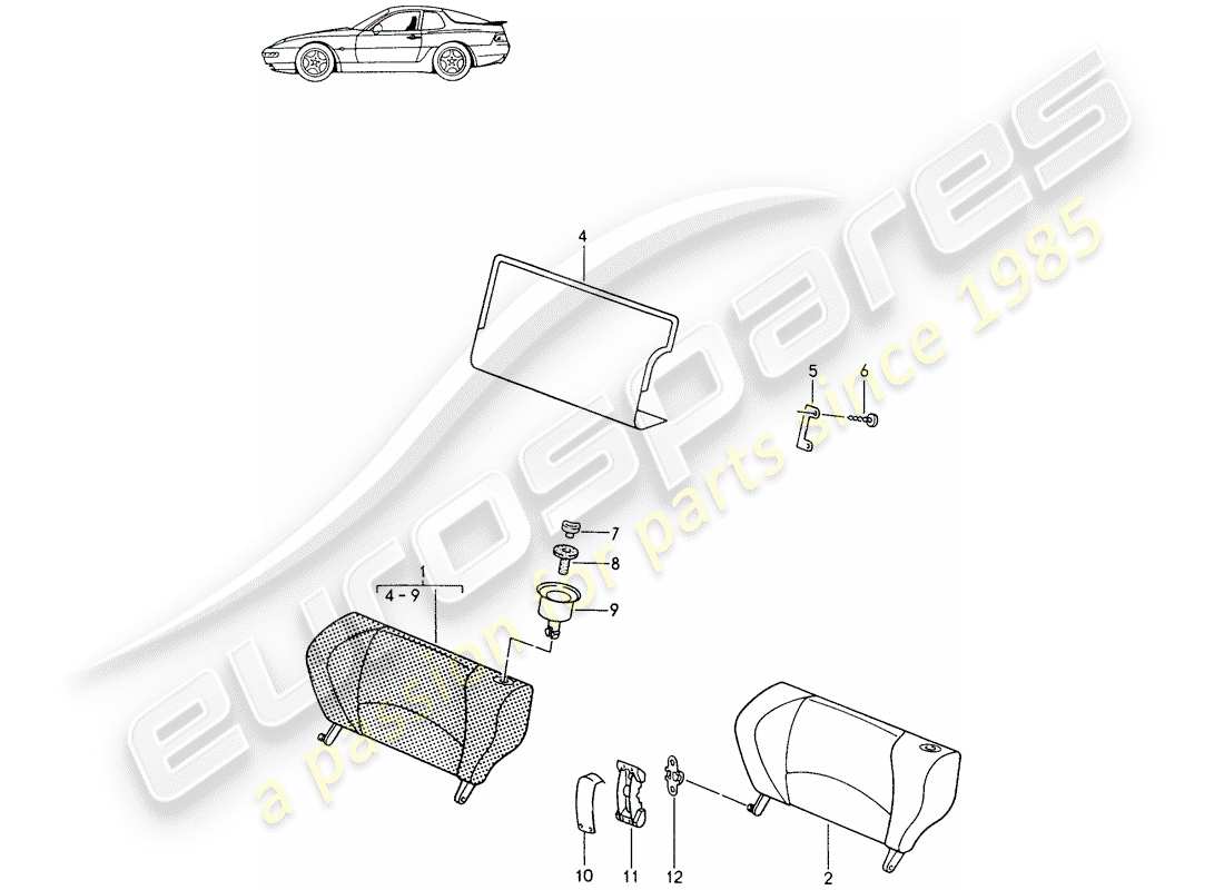 porsche seat 944/968/911/928 (1986) emergency seat - backrest - with: - release button - d - mj 1994>> - mj 1995 parts diagram