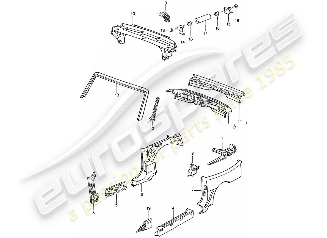 porsche 968 (1994) side panel - windshield frame - end plate part diagram