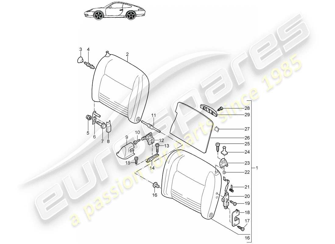 porsche 996 (2004) emergency seat backrest parts diagram