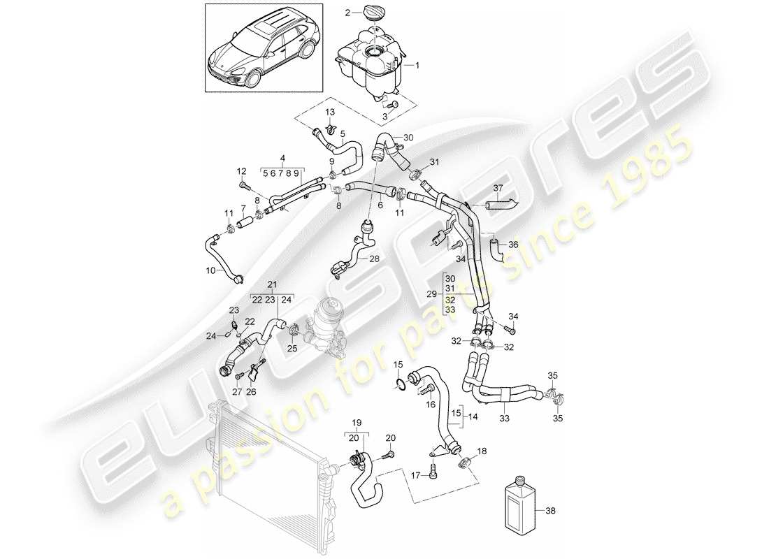 porsche cayenne e2 (2012) water cooling 4 part diagram