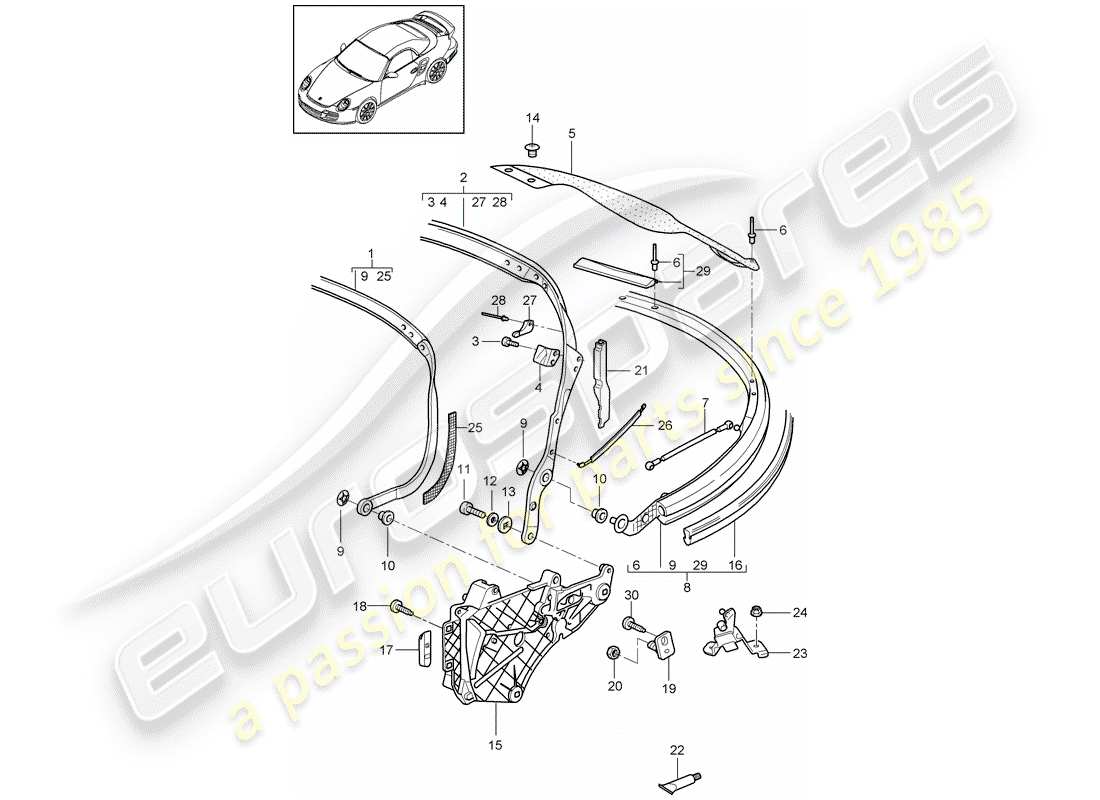 porsche 997 t/gt2 (2007) top frame part diagram