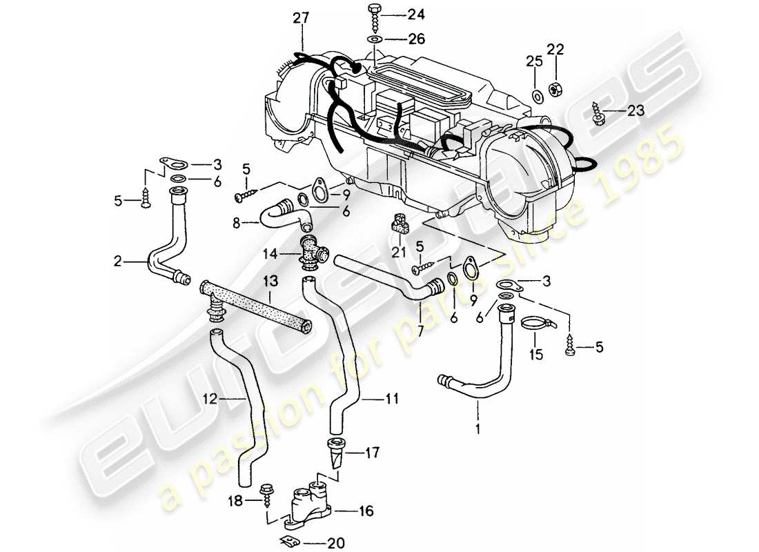 porsche 993 (1996) water drain pipe - mount - harness - heater - air conditioner part diagram