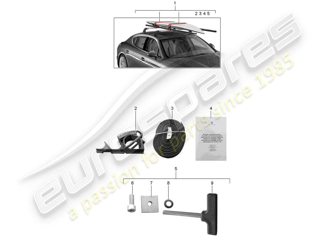 porsche tequipment panamera (2011) surf board carrier part diagram