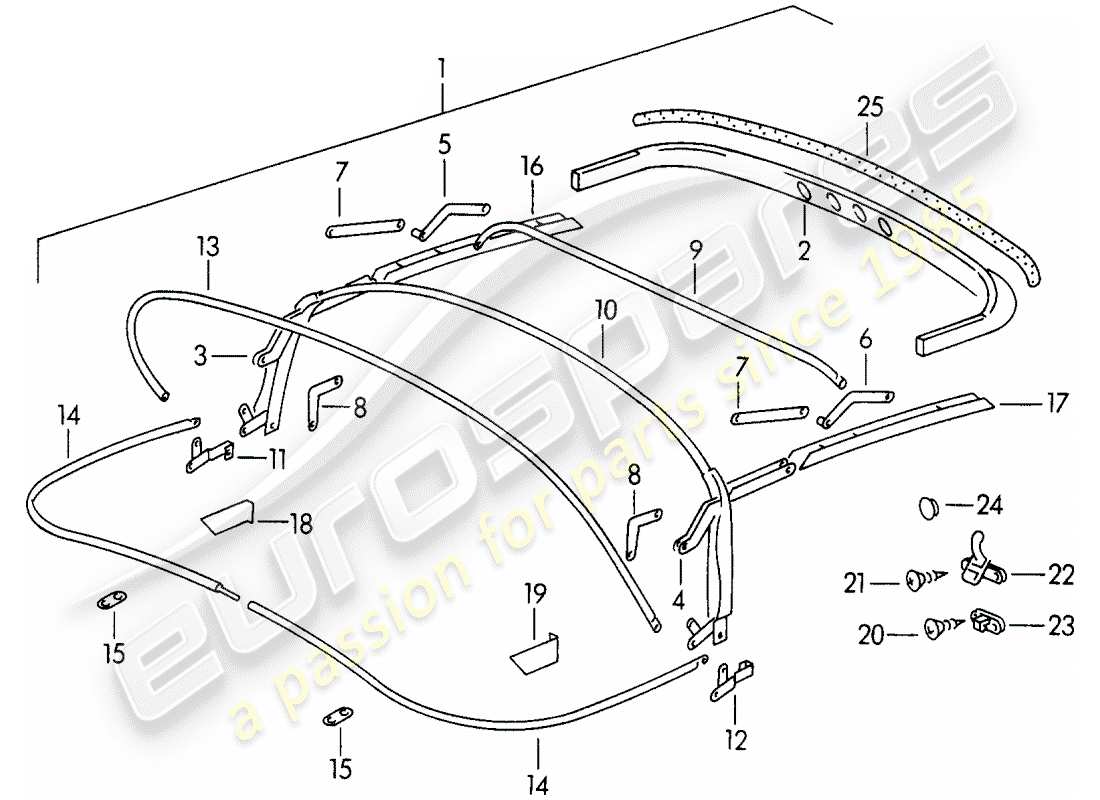 porsche 356/356a (1958) top frame - tonneau cover parts diagram