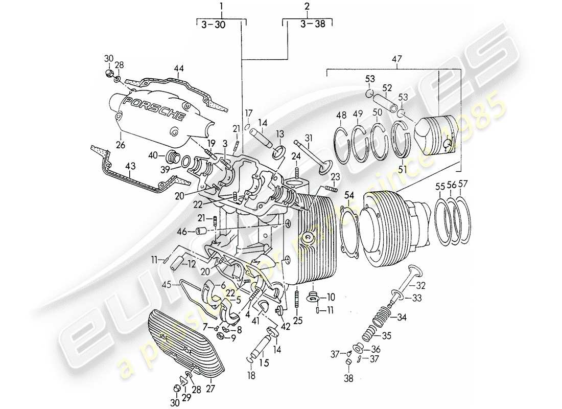 porsche 356/356a (1958) cylinder head - cylinder with pistons part diagram