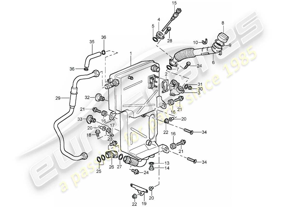 porsche 996 t/gt2 (2005) engine lubrication - oil tank parts diagram
