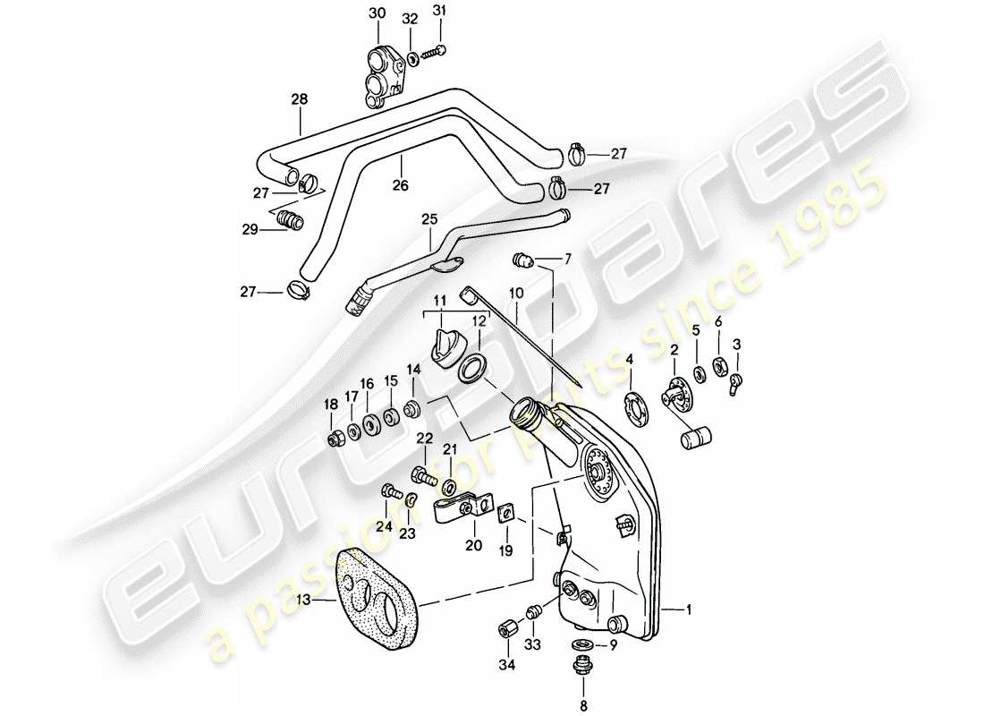 porsche 911 (1985) engine lubrication - oil tank - lines part diagram