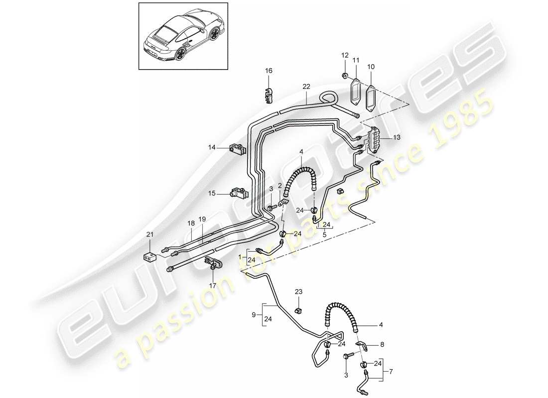 porsche 911 t/gt2rs (2011) brake line parts diagram