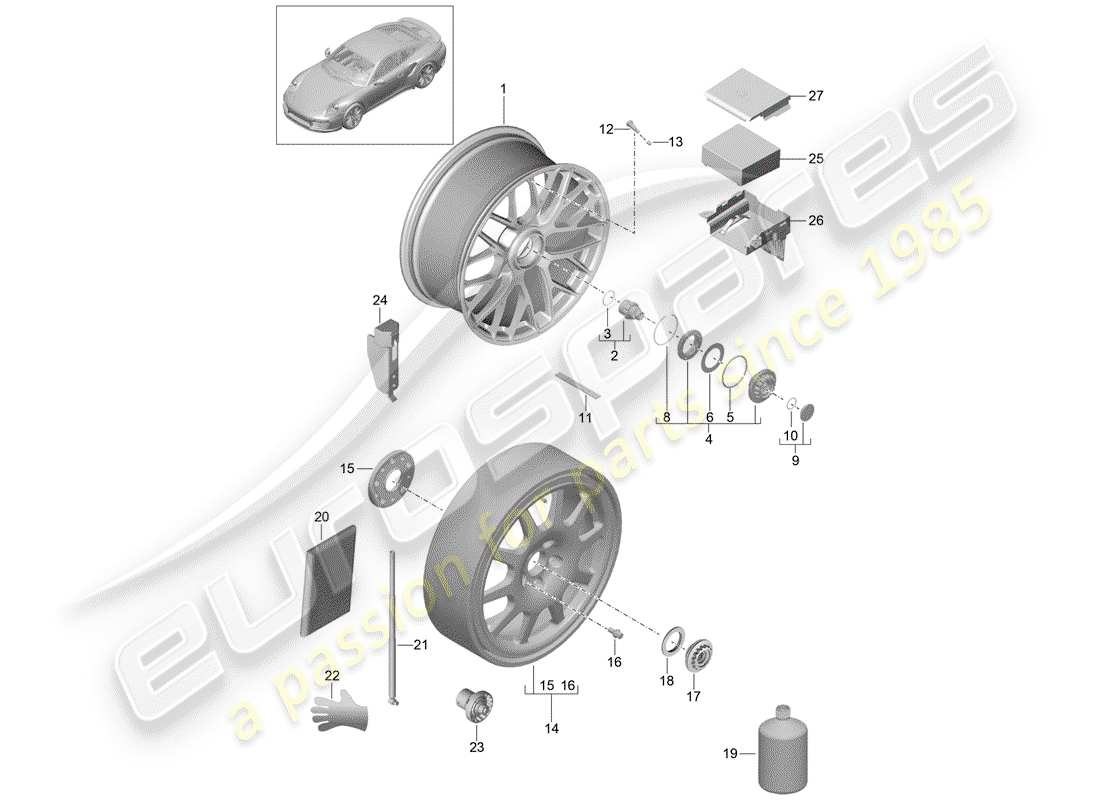 porsche 991 turbo (2014) alloy wheel with parts diagram