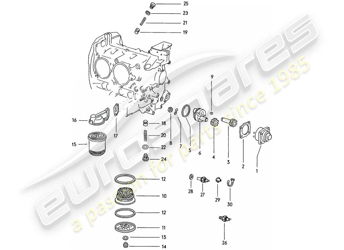 porsche 914 (1971) engine lubrication - oil pump - oil filter - oil strainer parts diagram