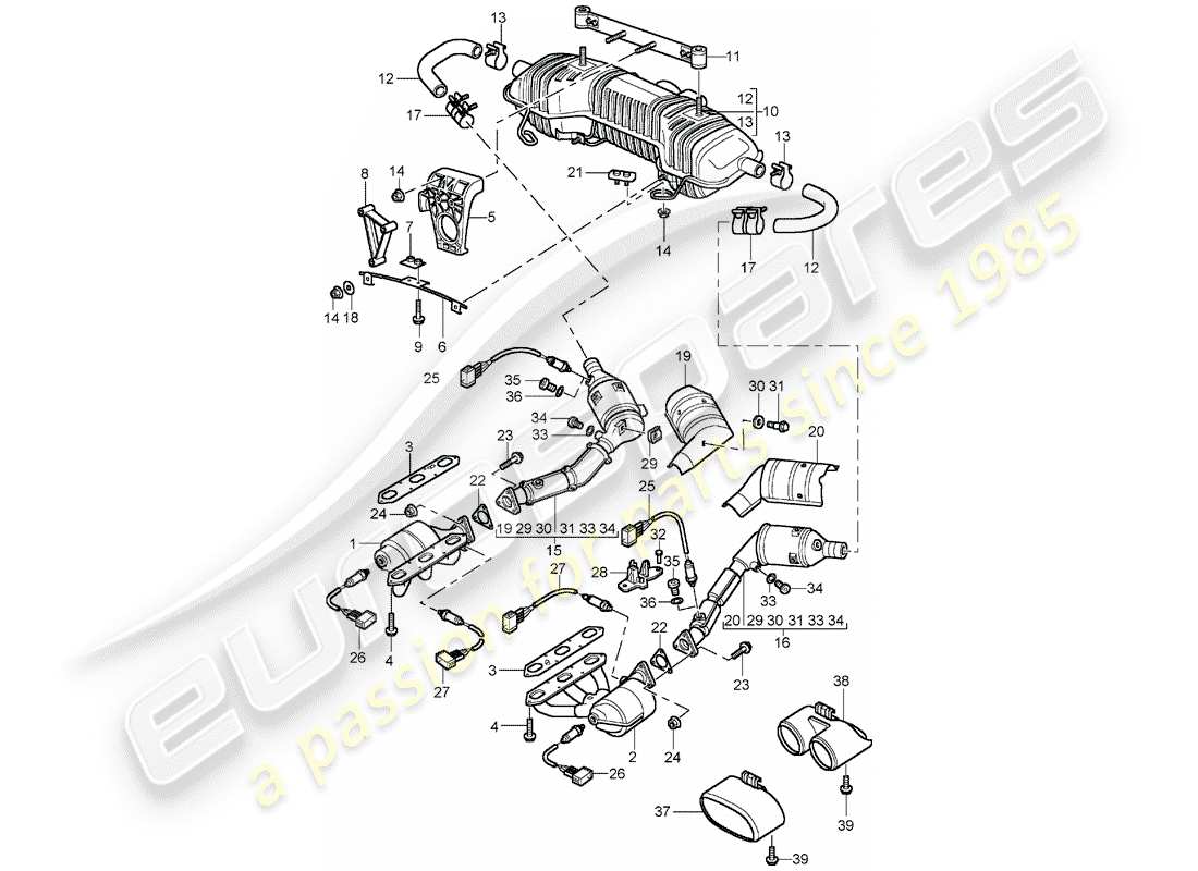 porsche boxster 986 (1999) exhaust system - m 96.21/22 - m 96.23/24 part diagram