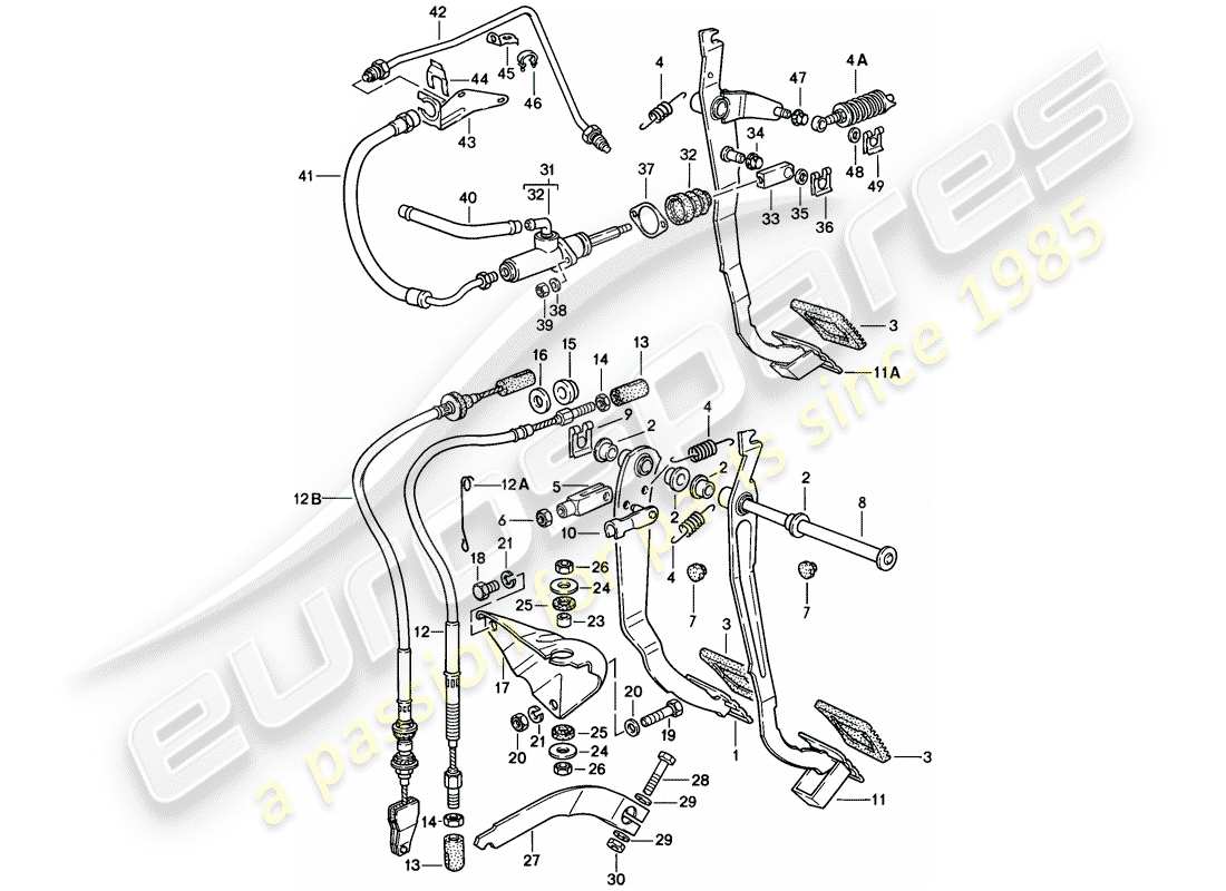 porsche 924 (1976) brake and clutch pedals - cluster parts diagram