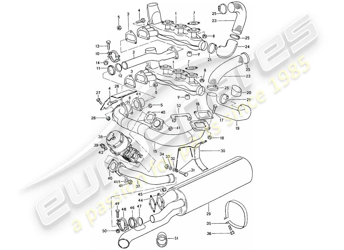 porsche 911 turbo (1977) exhaust system part diagram