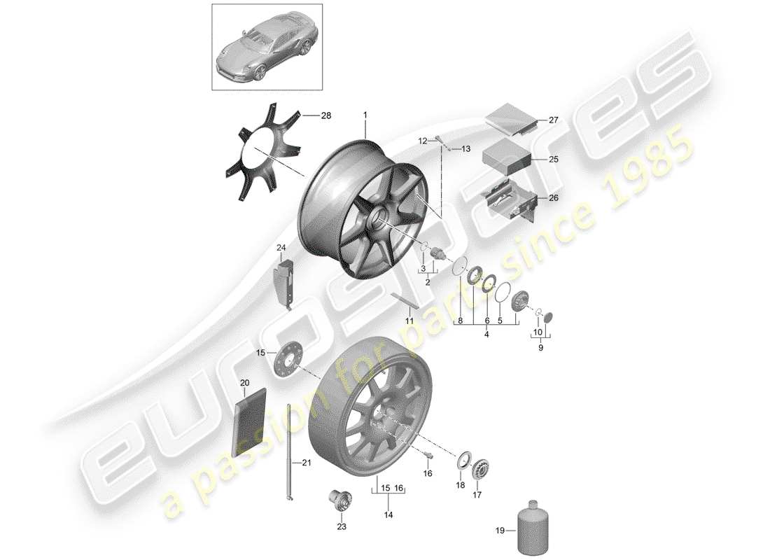 porsche 991 turbo (2016) alloy wheel parts diagram