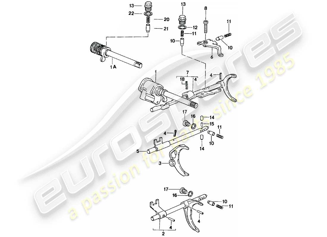 porsche 924 (1984) shift rods - shift forks - manual gearbox - vq vr uv md - me mf mb mx - d - mj 1981>> part diagram