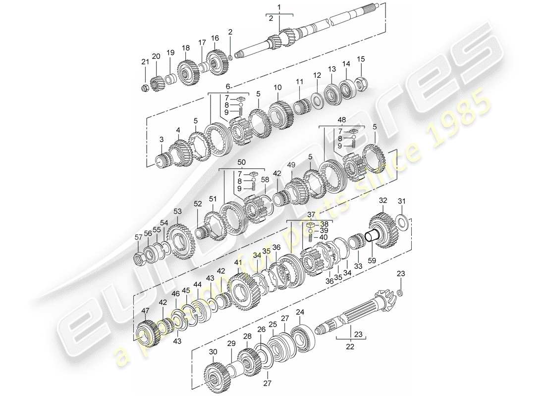 porsche 996 t/gt2 (2001) gears and shafts parts diagram
