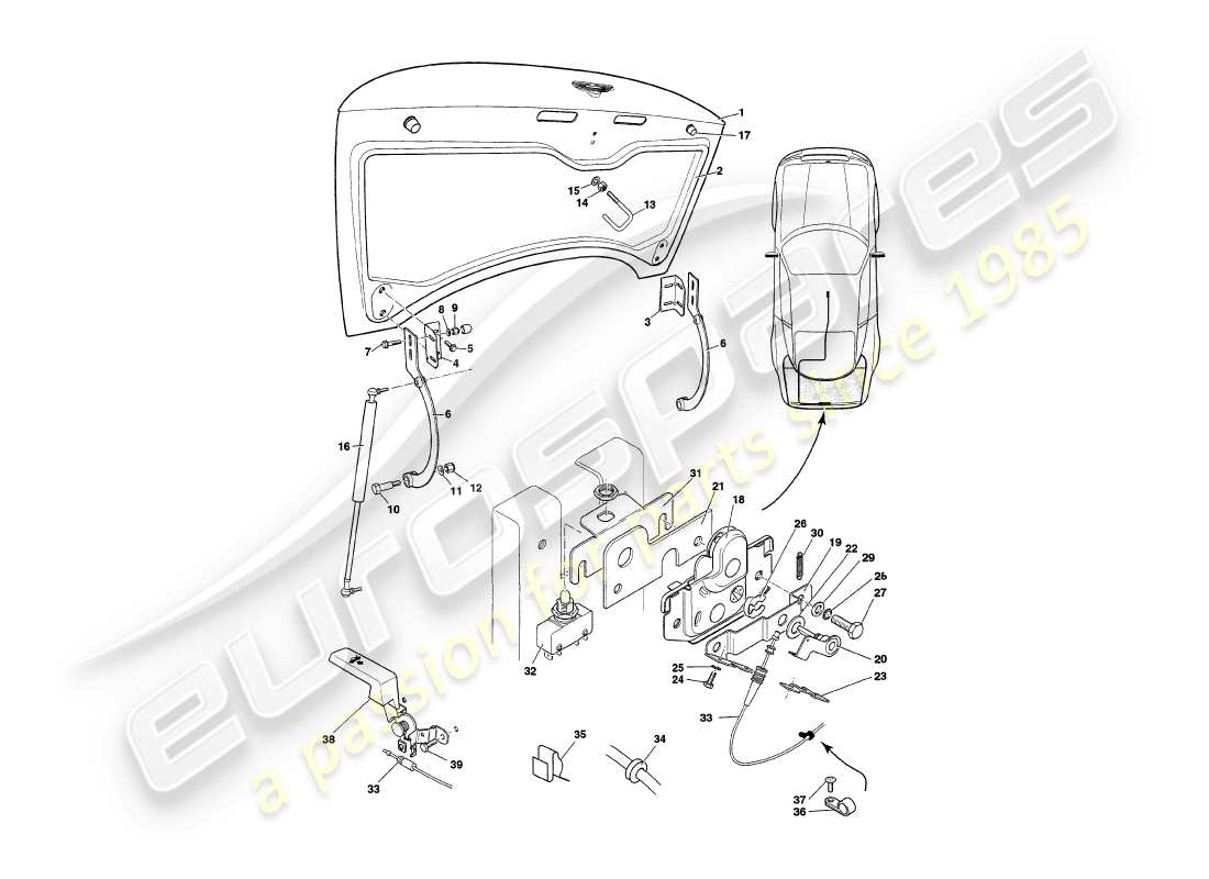 aston martin v8 coupe (2000) trunk lid, to vin v79079 excl v79074 part diagram