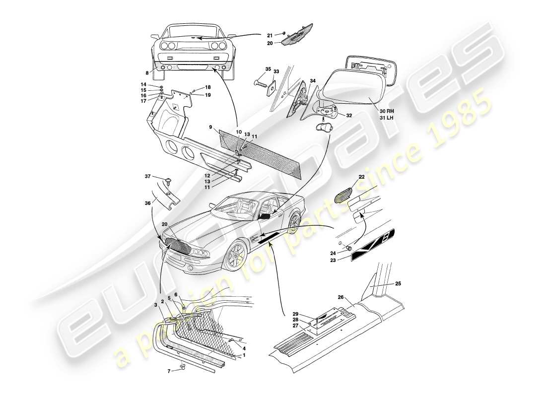 aston martin v8 coupe (2000) body fittings part diagram