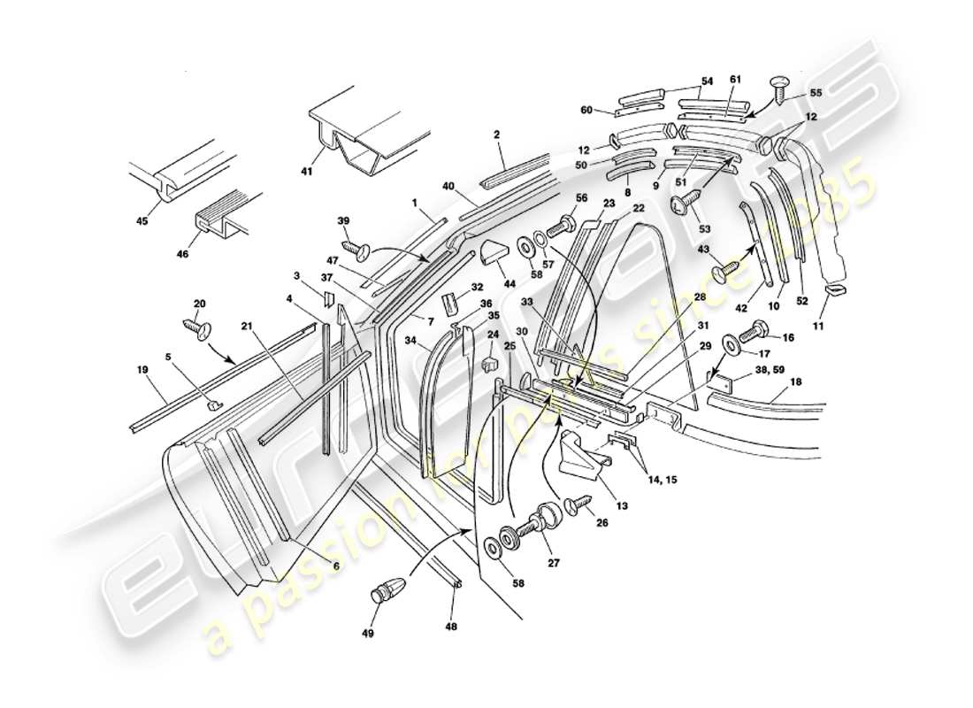 aston martin v8 volante (2000) weather seals part diagram