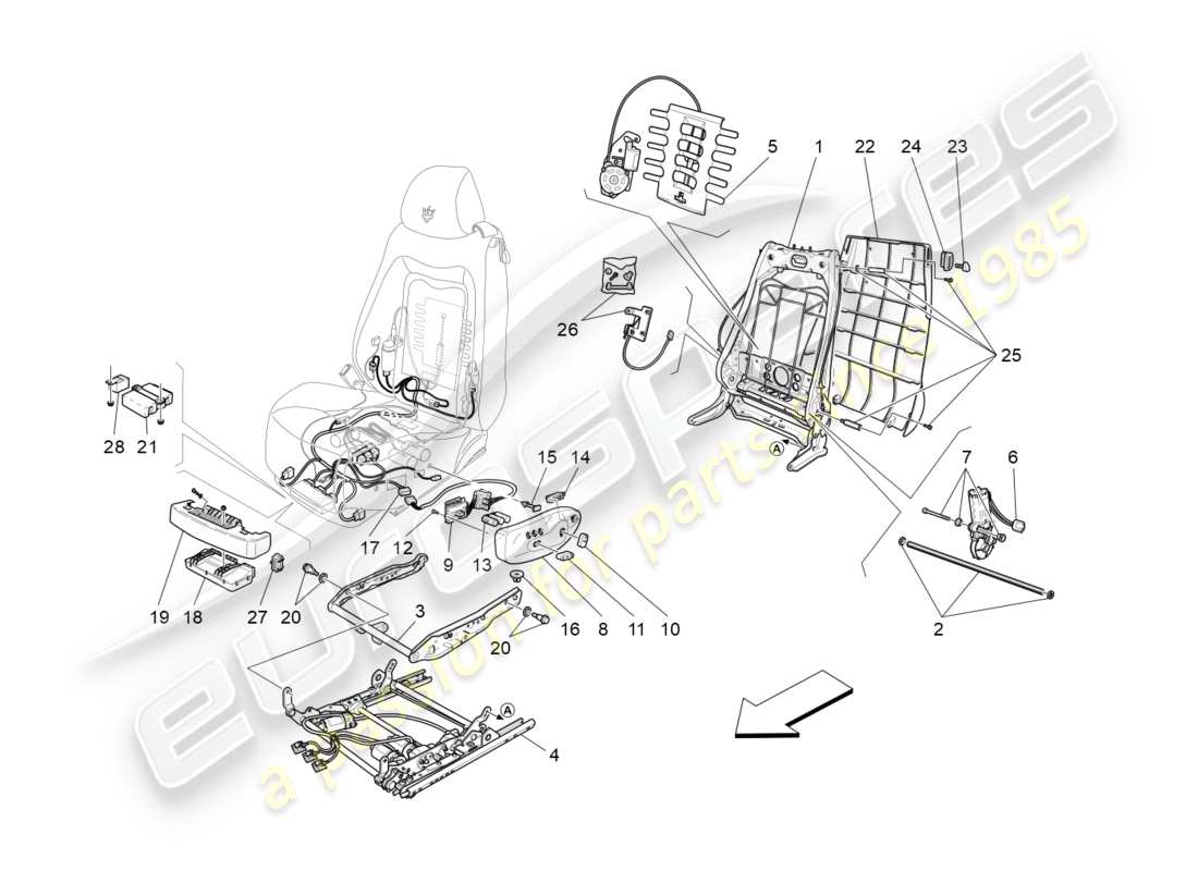 maserati granturismo (2010) front seats: mechanics and electronics parts diagram