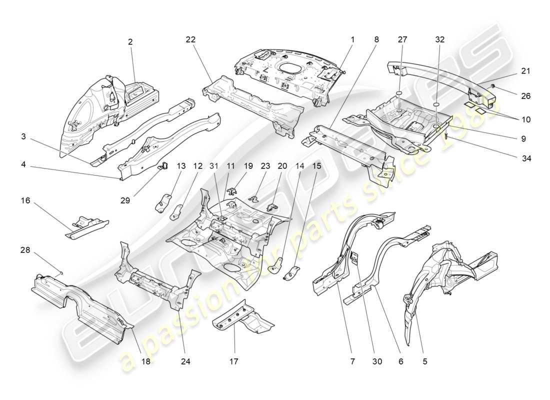 maserati qtp 3.0 tds v6 275hp (2015) rear structural frames and sheet panels parts diagram