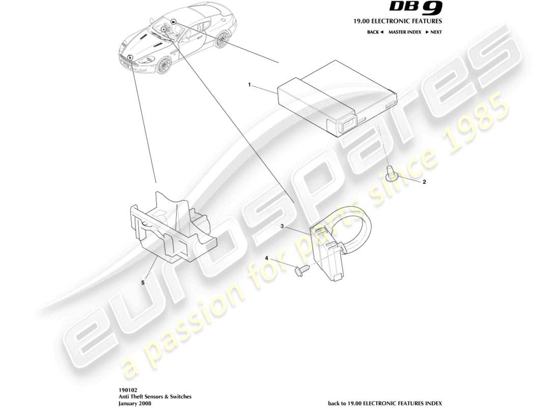 aston martin db9 (2011) anti-theft sensors & switches part diagram