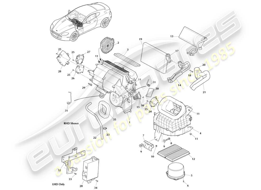 aston martin v8 vantage (2007) evaporator & heater part diagram