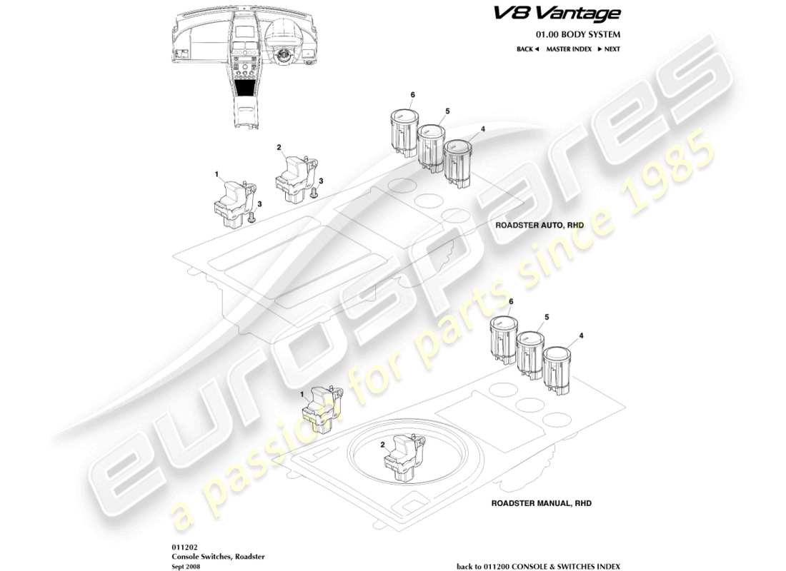 aston martin v8 vantage (2008) console switches, roadster part diagram