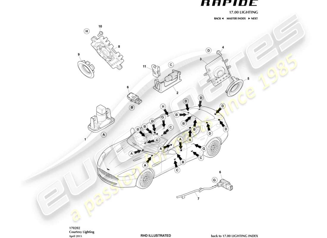 aston martin rapide (2019) courtesy lighting part diagram