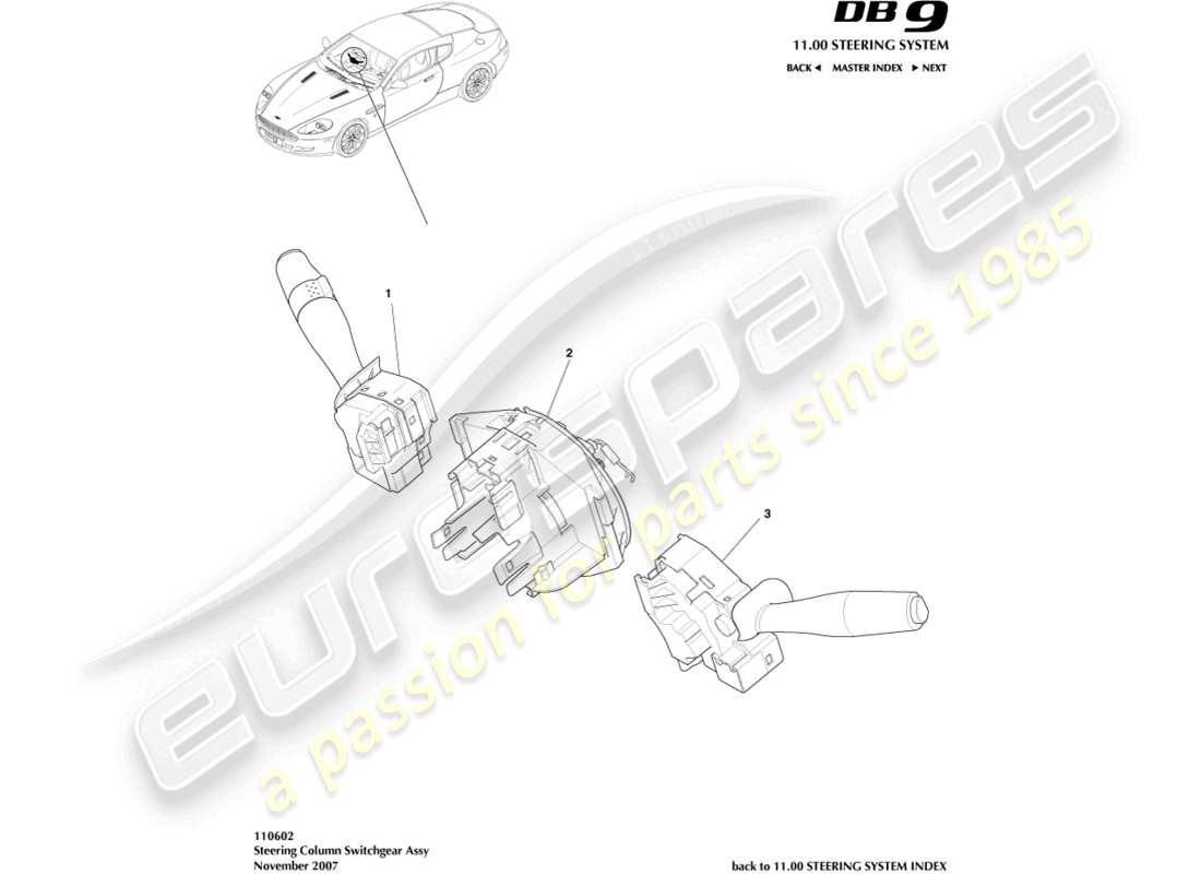 aston martin db9 (2007) steering column switch part diagram