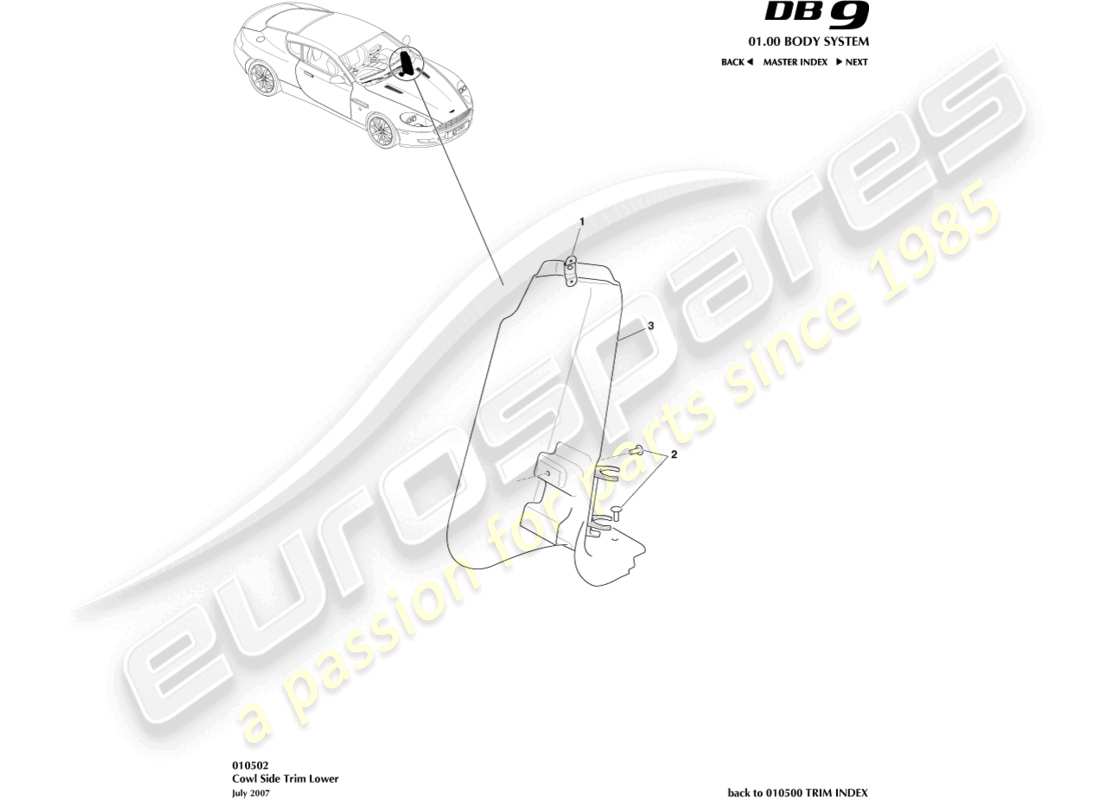 aston martin db9 (2008) cowl side trim, lower part diagram