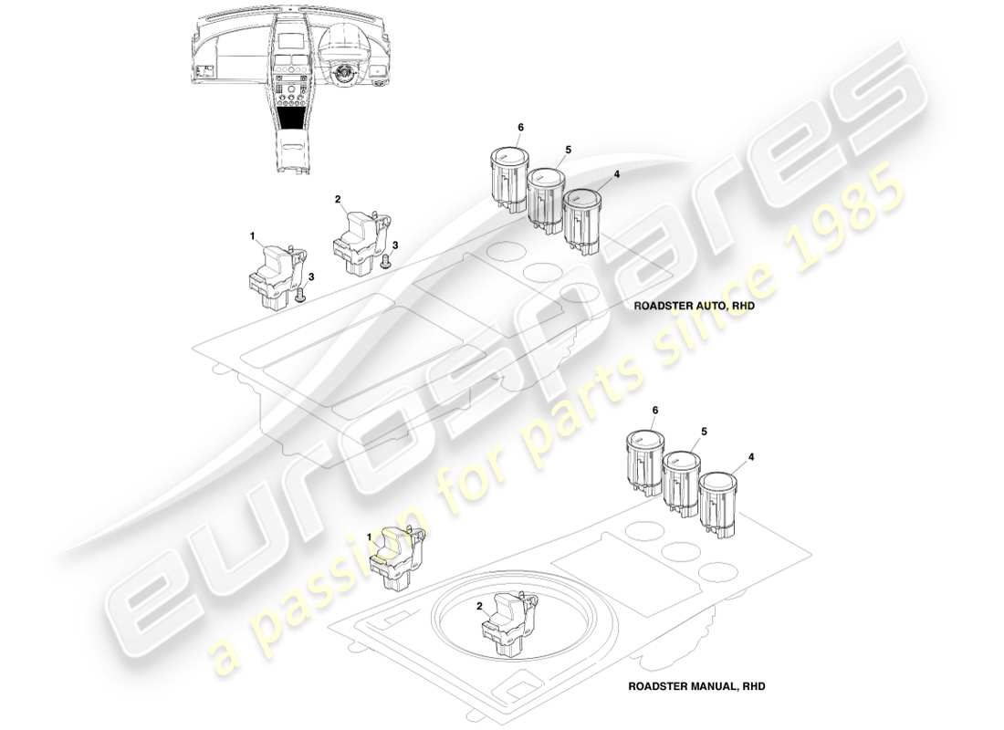 aston martin v8 vantage (2005) console switches, roadster part diagram