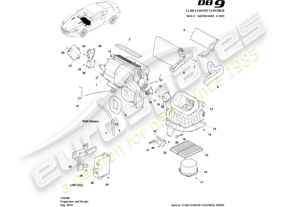 aston martin db9 (2007) evaporator & heater part diagram