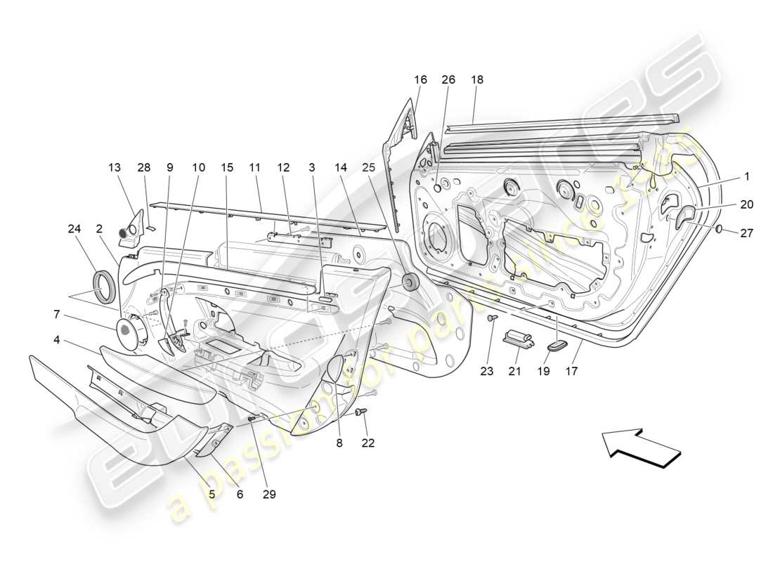 maserati granturismo (2014) front doors: trim panels parts diagram
