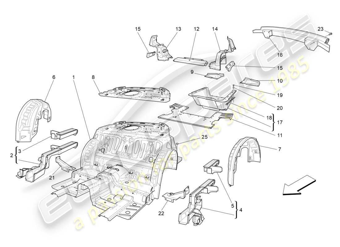 maserati granturismo (2009) rear structural frames and sheet panels part diagram