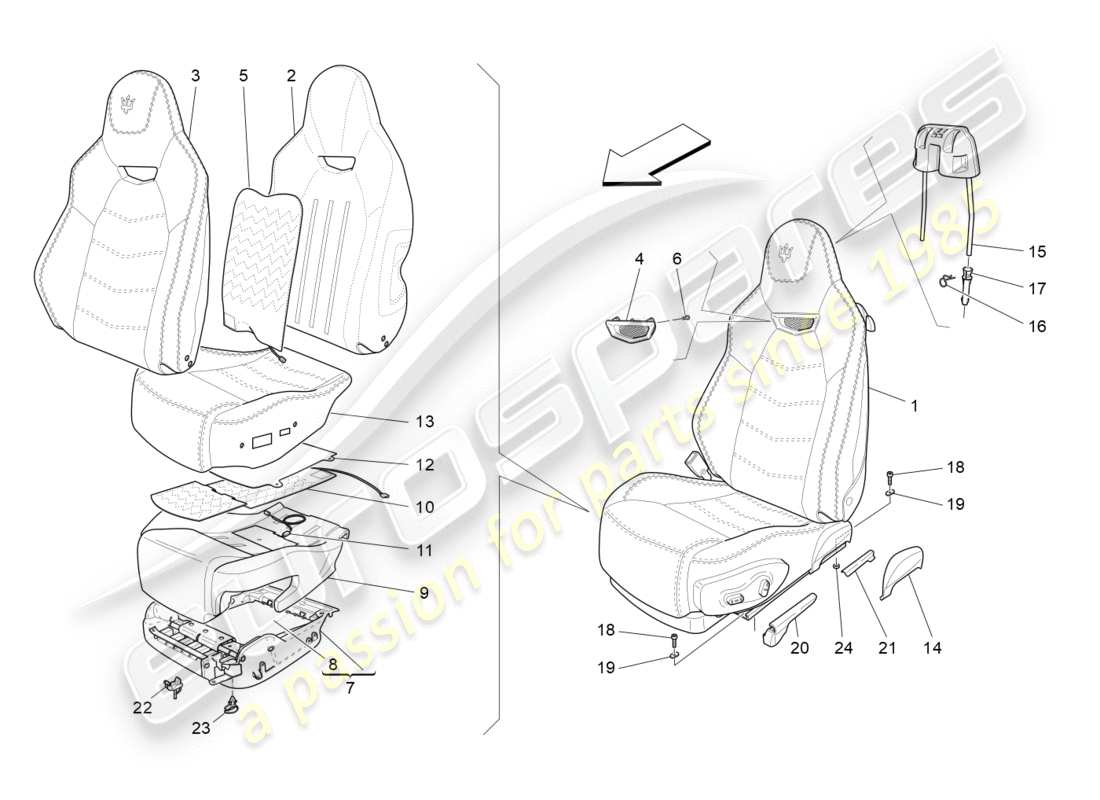 maserati granturismo s (2016) front seats: trim panels parts diagram