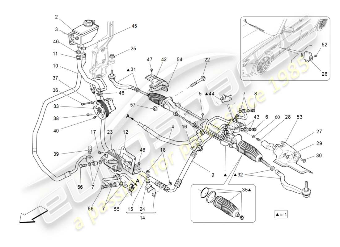 maserati qtp 3.0 bt v6 410hp (2014) complete steering rack unit part diagram