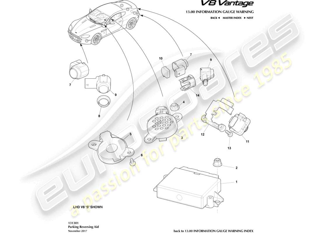 aston martin v8 vantage (2008) parking aid sensors part diagram