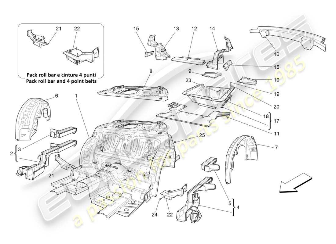 maserati qtp 3.0 tds v6 275hp (2015) rear structural frames and sheet panels part diagram