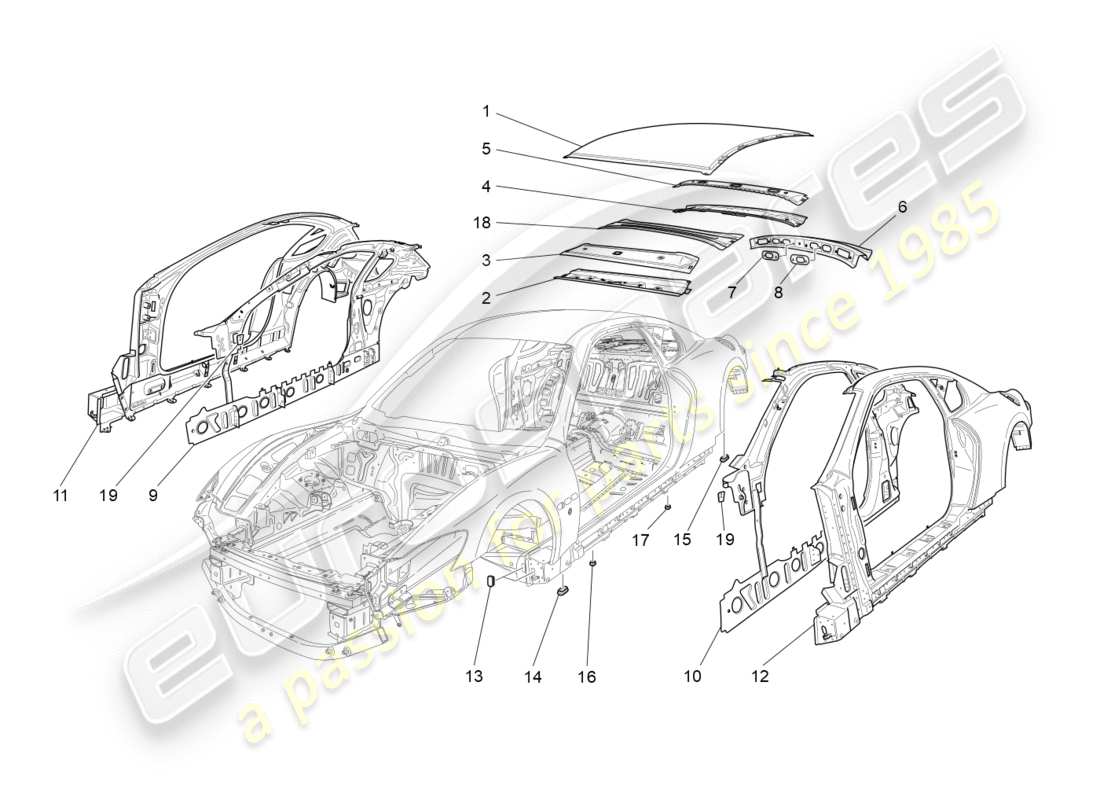 maserati granturismo (2016) bodywork and central outer trim panels part diagram