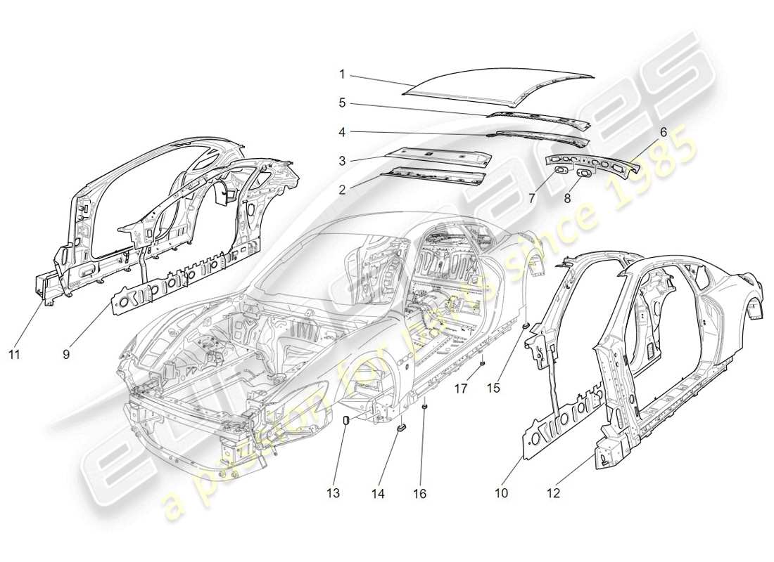 maserati granturismo (2009) bodywork and central outer trim panels part diagram