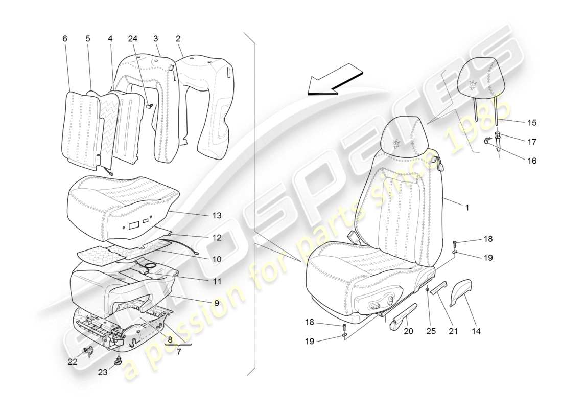 maserati granturismo (2008) front seats: trim panels parts diagram